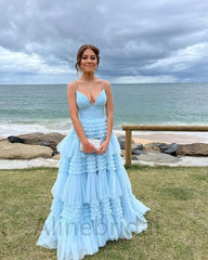 Elegant Blue V-neck A-line Long Prom Dress-Tiered Ruffled Tulle Evening Dress, PD3627