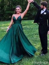 Elegant V-neck Spaghetti Strap Green A-line Long Prom Dress, PD38090