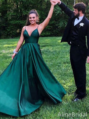 Elegant V-neck Spaghetti Strap Green A-line Long Prom Dress, PD38090