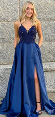 Gorgeous Navy Blue Lace Top Side Slit Mermaid Long Prom Dress, Evening Dress, PD38089