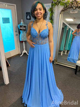 Gorgeous Blue V-neck Lace Applique Corset A-line Long Prom Dress, Evening Dress, PD38170