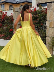 Simple V-neck A-line Yellow Satin Long Prom Dress, Evening Dress, PD381818