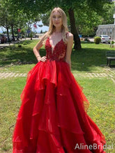 Gorgeous Red V-neck Lace Applique A-line Long Layered Tulle Prom Dress, PD381822