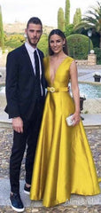 Elegant Yellow V-neck A-line Long Prom Dress with Sash, Evening Dress, PD381835