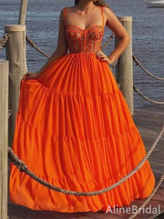 Gorgeous Orange Sweetheart Spaghetti Strap A-line Tiered Prom Dress, PD381844