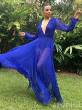 Elegant Royal Blue V-neck A-line Long Tulle Prom Dress with Sleeves, PD381854