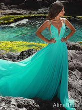 Gorgeous V-neck Teal Green Lace Applique A-line Long Prom Dress with Slit, PD381858