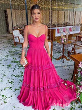 Sexy Hot Pink Sweetheart Spaghetti Straps A-line Long Prom Dress with Lace Applique, PD381864