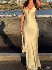 Sexy V-neck Light Yellow Spaghetti Strap Mermaid Long Prom Dress with Cut Out, PD381871