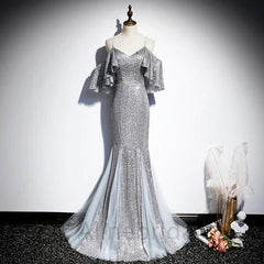 Sexy Silver Off the Shoulder Sleeveless Mermaid Long Prom Dress, PD3694