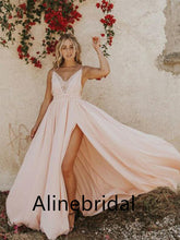 Elegant V-neck Sleeveless Side slit A-line Long Prom Dress, PD3524