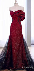 Gorgeous Burgundy Strapless Long Mermaid Black Tulle Prom Ball Gown with Striking Bow, PD381965