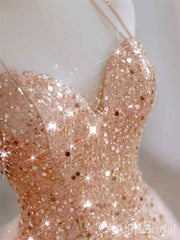Sparkly Peach Pink Sequins Sweetheart Spaghetti Strap A-line Long Ball Gown with Tulle Panel, PD381995