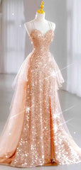Sparkly Peach Pink Sequins Sweetheart Spaghetti Strap A-line Long Ball Gown with Tulle Panel, PD381995