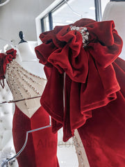 Sexy Red Velvet One Shoulder Sleeveless Mermaid Long Prom Dress, Evening Gown, PD3695