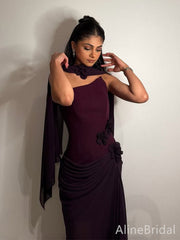 Elegant Dark Burgundy One-Shoulder Long Mermaid Prom Dress, Ruffled Tulle Evening Dress, PD382184