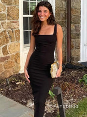 Simple Square Black Column Midi Dress, PD382235