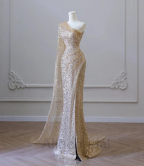 Sexy One Shoulder Champagne Sleeveless Side Slit Long Mermaid Prom Dress with Tulle, PD3686