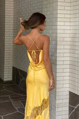 Unique Yellow Satin Backless Mermaid Long Prom Dress, PD3638