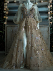 Elegant V-neck Long sleeves Side slit A-line Long Prom Dress, PD3623
