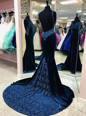 Sexy Dark Blue V-neckBackles Mermaid Long Velvet Evening Dress, PD3680