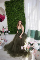 Elegant Green Strapless A-line Floor length Tulle Prom Dress-Layered Evening Gown, PD3709