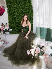 Elegant Green Strapless A-line Floor length Tulle Prom Dress-Layered Evening Gown, PD3709