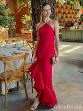 Chic Red Halter Backless Mermaid Dress - Elegant Ruffles Hem Evening Gown, PD37704