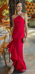 Chic Red Halter Backless Mermaid Dress - Elegant Ruffles Hem Evening Gown, PD37704