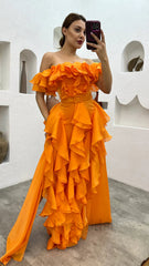 Romantic Orange Tulle Off Shoulder Tiered Prom Dress-Ruffled Layered A-Line Evening Gown, PD3722