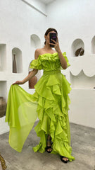 Romantic Green Ruffle Tiered Prom Dress-Off Shoulder A-line Floor length Prom Dress, PD3721