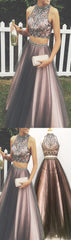 Glamorous Black Nude Beaded Rhinestone Two-Piece Prom Dress-High Neck Ball Gown, AB0080