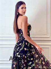 Floral Elegant Sweetheart Black A-line Long Prom Dress, PD3520