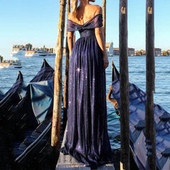 Sexy Blue Off the Soulder Side slit A-line Long Prom Dress, PD3582
