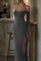 Grey Halter Long Sleeves Side Slit Sheath Long Prom Dress, PD3748