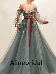 Floral Elegant V-neck Long sleeves A-line Long Prom Dress, PD3521