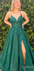 Sparkly Green Lace Applique A-line Long Prom Dress with Slit-V-neck Spaghetti Strap Evening Dress, PD37832