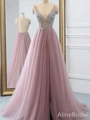 Elegant V-neck BeadedPink A-line Long Prom Dress- Backless Evening Dress, PD37805