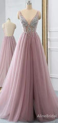Elegant V-neck BeadedPink A-line Long Prom Dress- Backless Evening Dress, PD37805
