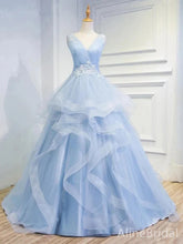 Elegant V-neck Sky Blue A-line Long Prom Dress,Evening Dress,PD37808
