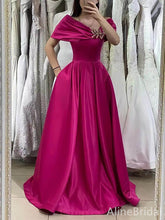 Elegant Hot Pink V-neck Off Shoulder A-line Long Prom Dress, PD37850