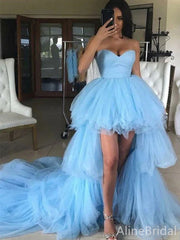 Gorgeous Blue Strapless A-line High-Low Prom Dress, Tierd Tulle Evening Dress, PD37856