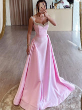 Elegant Pink V-neck A-line Long Prom Dress-Beaded Trim Evening Dress, PD37824