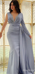 Elegant Dusty Blue Satin Mermaid Prom Dress - Beaded V-Neck Gown with Illusion Sleeve, PD37858