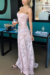 Sexy Sleeveless Floral Appliques Pink Spaghetti Straps A-line Long Prom Dress, Evening Dress, PD3751