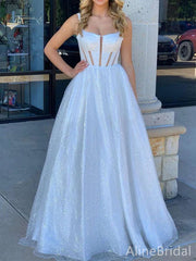 Sparkly White A-line Long Prom Dress, Evening Dress, PD37825