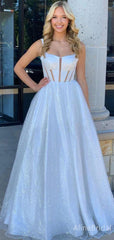 Sparkly White A-line Long Prom Dress, Evening Dress, PD37825