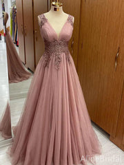 Elegant V-neck Pink Tulle Lace Appliques A-line Long Prom Dress, PD37863