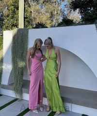 Green Halter V-neck Side Slit Sleeveless Sheath Long Prom Dress, PD3746