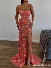 Sparkly Coral Orange Mermaid Prom Dress with Slit- Sequined Corset Gown, PD37881
